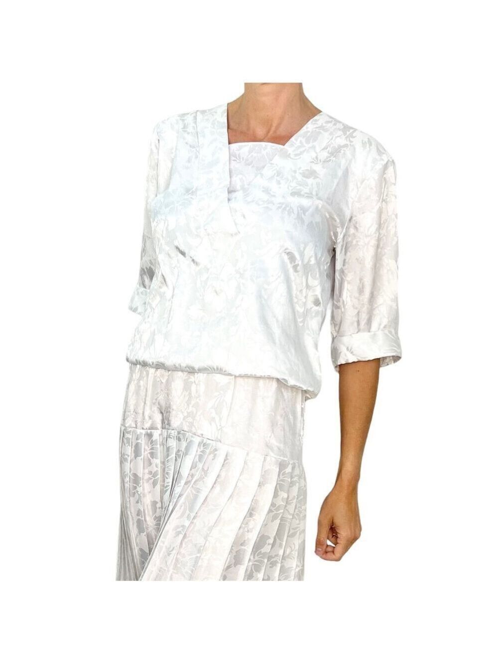 Vintage 80s Encore white floral damask accordion pleated midi dress